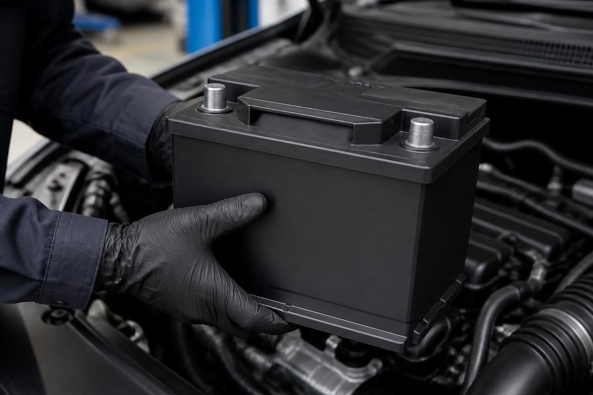 Nieuwe startaccu voor een auto in de handen van een monteur boven de motorruimte