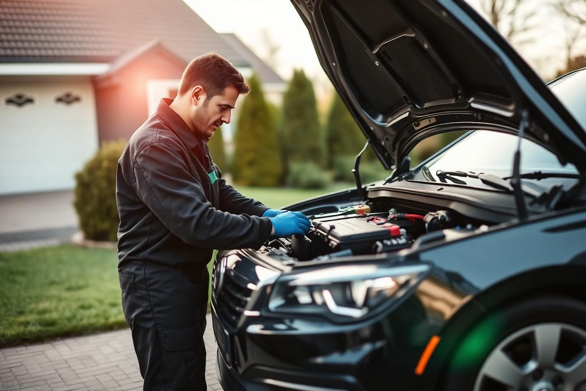 Monteur van FastFix vervangt een auto-accu onder de motorkap op de oprit bij de klant thuis