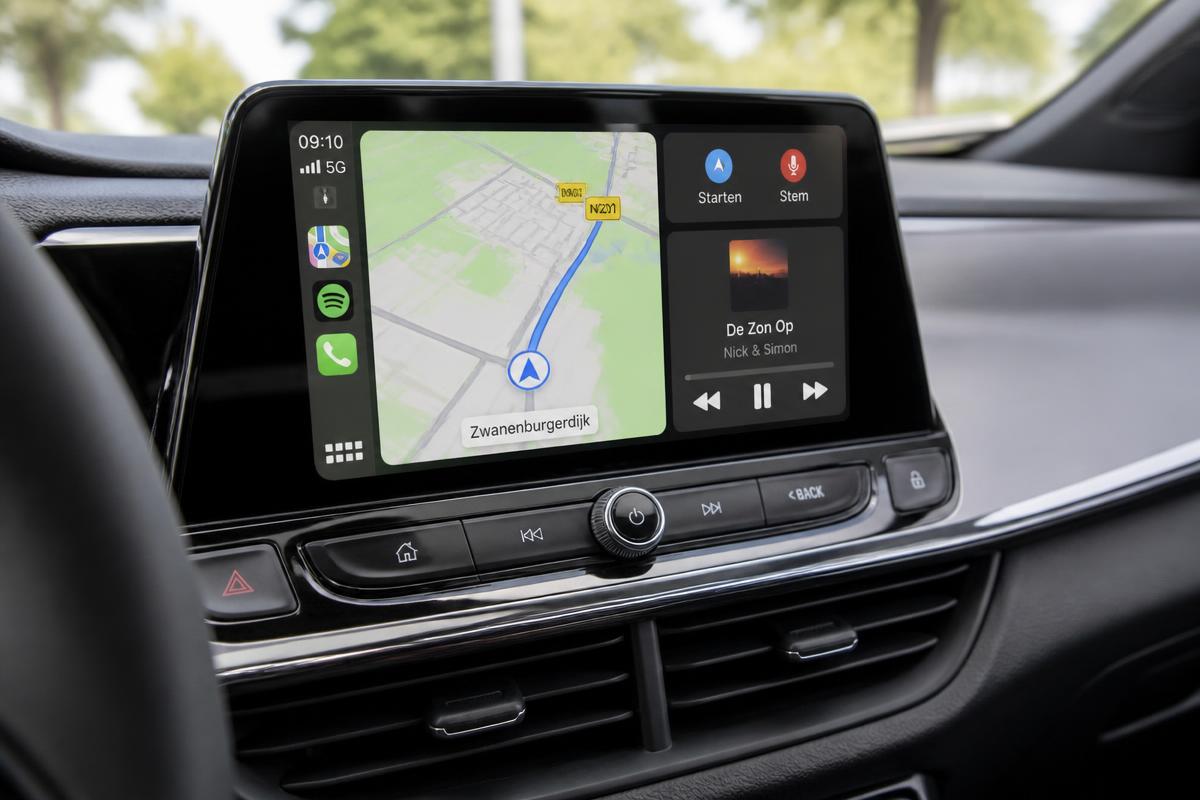 Apple CarPlay interface op een groot touchscreen in een auto